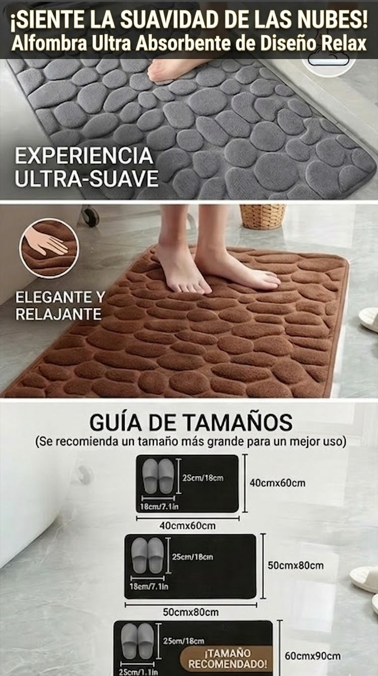 Alfombra ultra absorbente para baño con diseño suave y textura de piedras, guía de tamaños