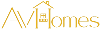 Logotipo dorado con letras 'AV Homes' y dibujo de casa, fondo transparente