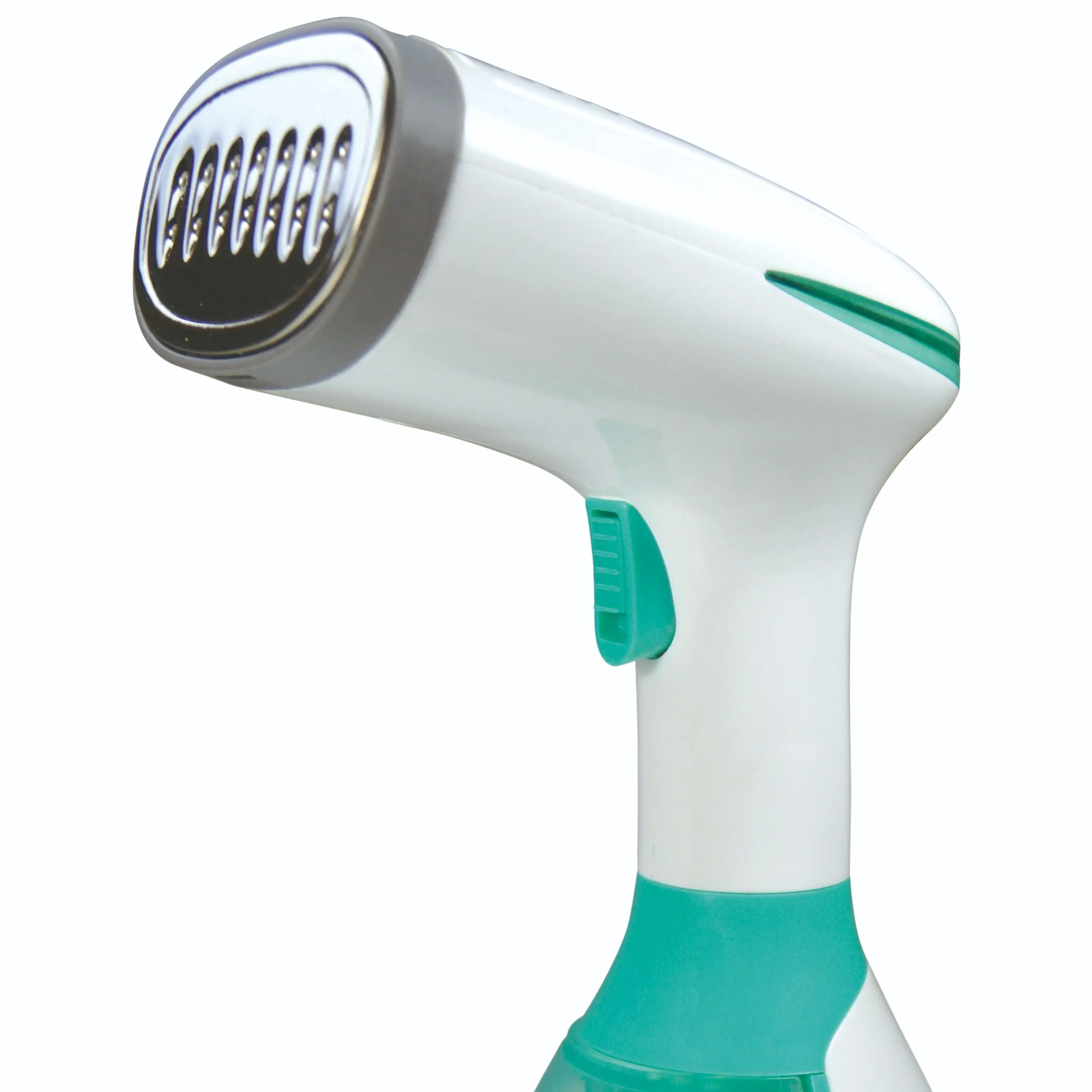 Plancha de vapor portátil blanca y verde ideal para el hogar y limpieza de ropa.