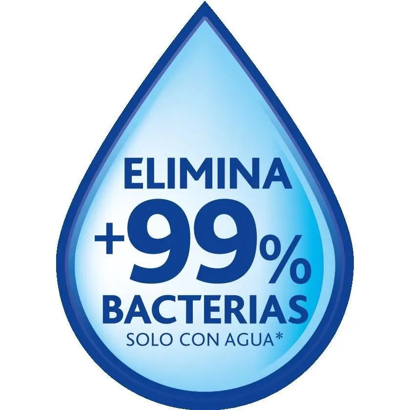 Gota azul con texto elimina 99% bacterias solo con agua, limpieza para el hogar.