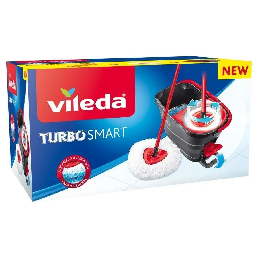 Caja de set de fregona Vileda Turbo Smart con cubo y mopa de microfibra para limpieza.