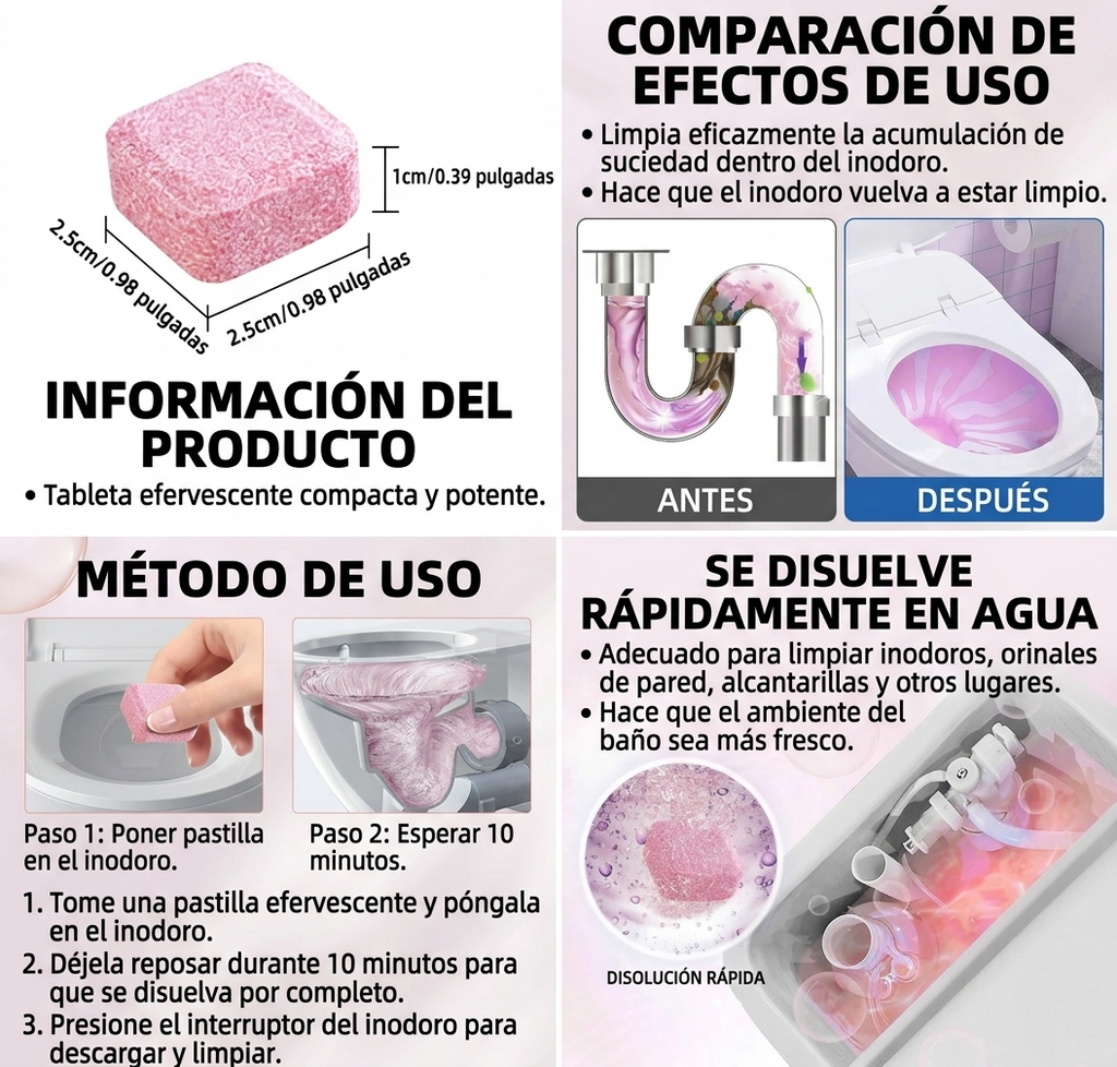 Pastillas Efervescentes para Limpieza de Inodoro - Limpiador Desinfectante y Eliminador de Manchas de Orina (Pack de 3 a 20 uds)
