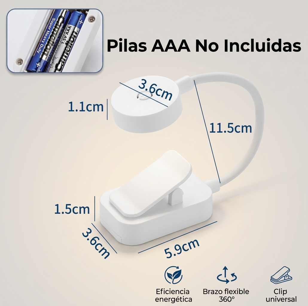 Lámpara de Lectura con Clip para Libros - Mini Luz LED Portátil con 3 Colores y Brillo Ajustable
