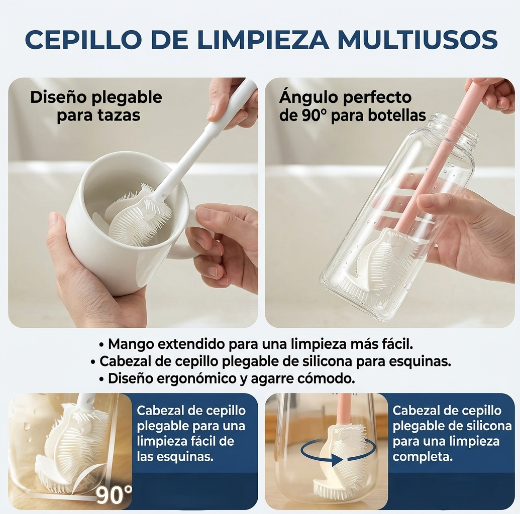 Cepillo de Silicona 360° para Botellas y Copas - Limpiador con Mango Largo y Cabezal Flexible