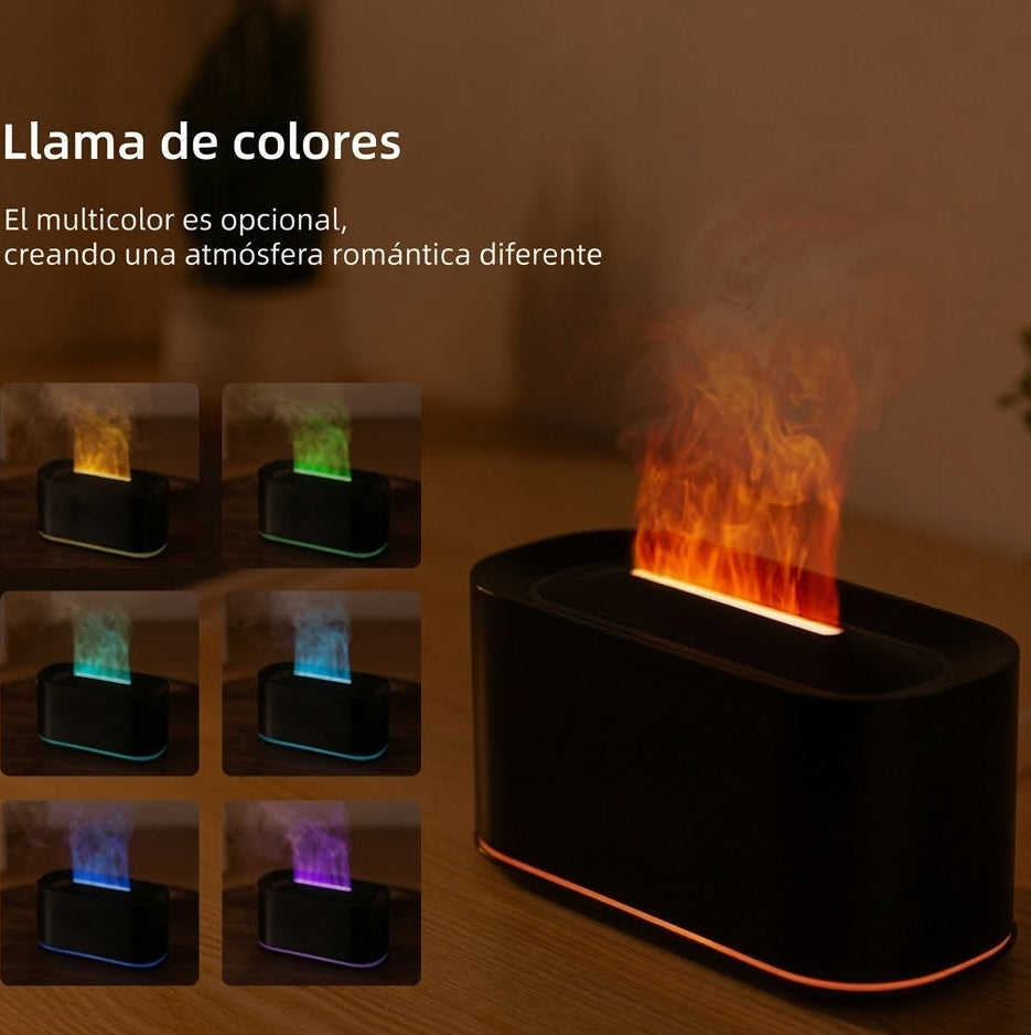 Humidificador multicolor con efecto de llama LED decorativa sobre mesa de madera.