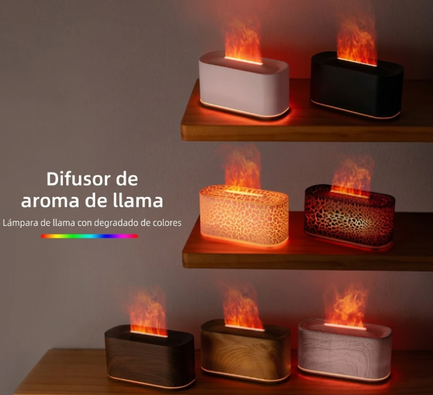 Difusores de aroma de llama LED en varios colores y acabados sobre estantes de madera.