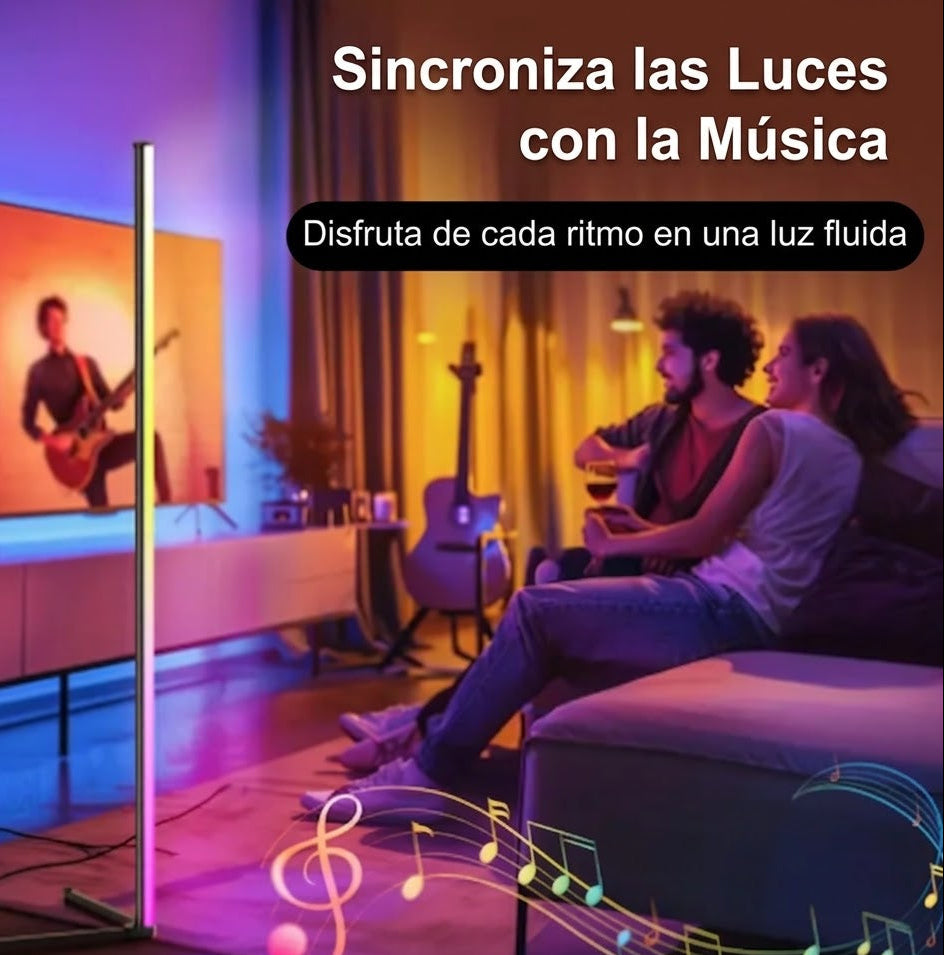 Lámpara LED de pie moderna sincronizada con música en sala elegante iluminada