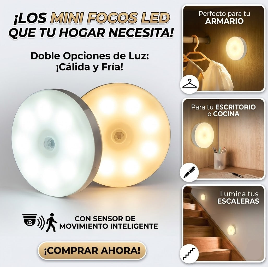 Mini focos LED redondos con luz cálida y fría, sensor de movimiento, ideales para armario, escritorio o escaleras.