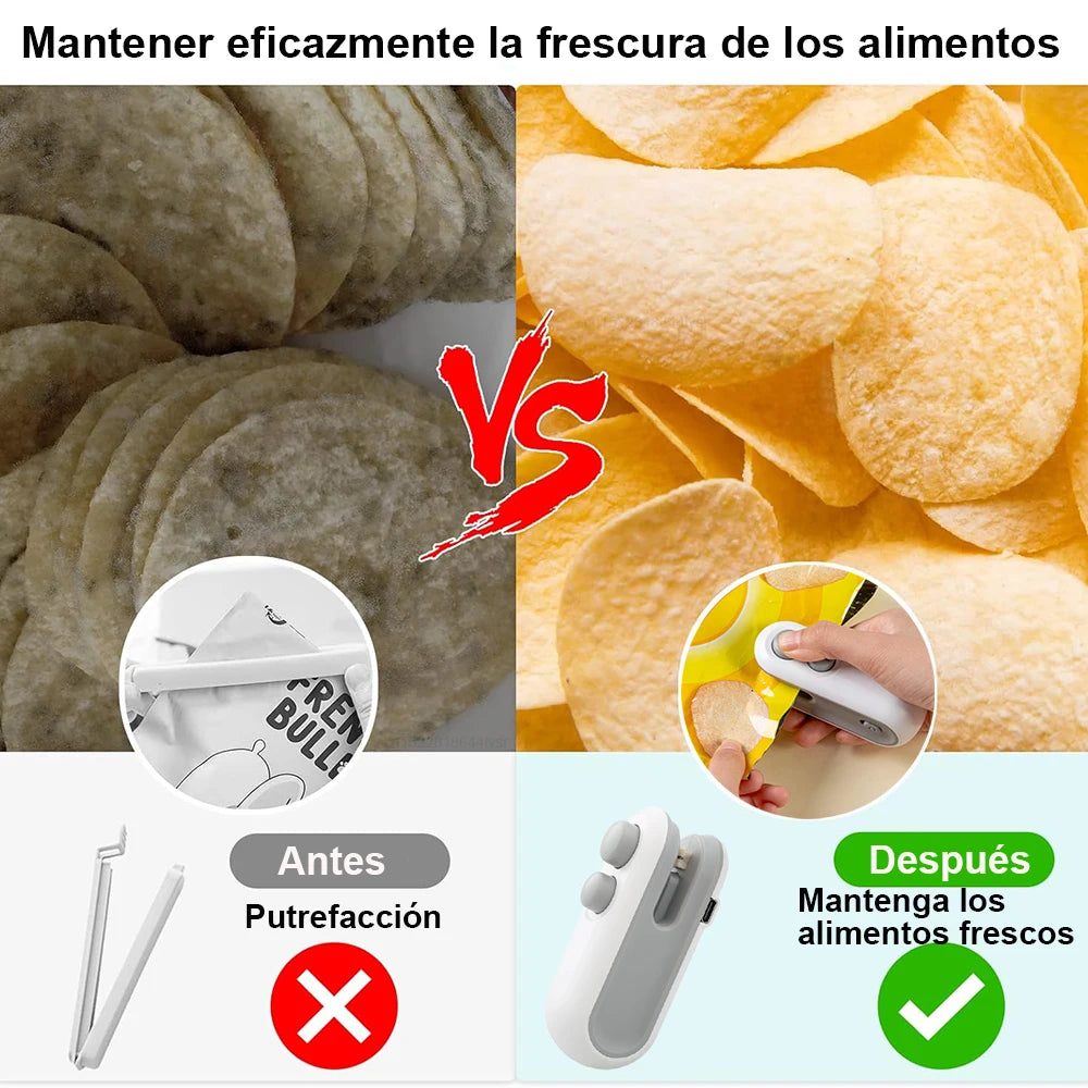Comparativa de papas fritas antes y después de usar sellador portátil, conservando frescura.