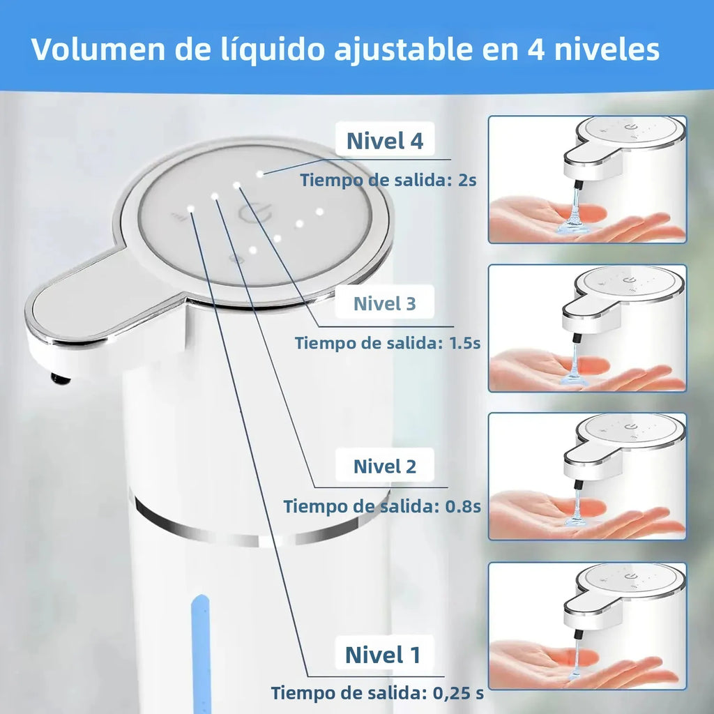 Dispensador automático de jabón líquido con volumen ajustable en 4 niveles para el hogar.
