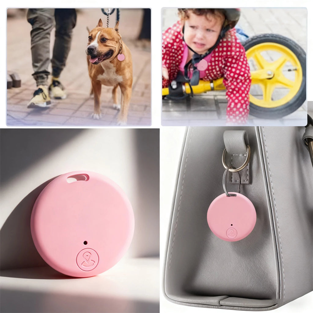 Llavero localizador GPS rosa, ideal para mascotas, niños y bolsos, útil en el hogar moderno.