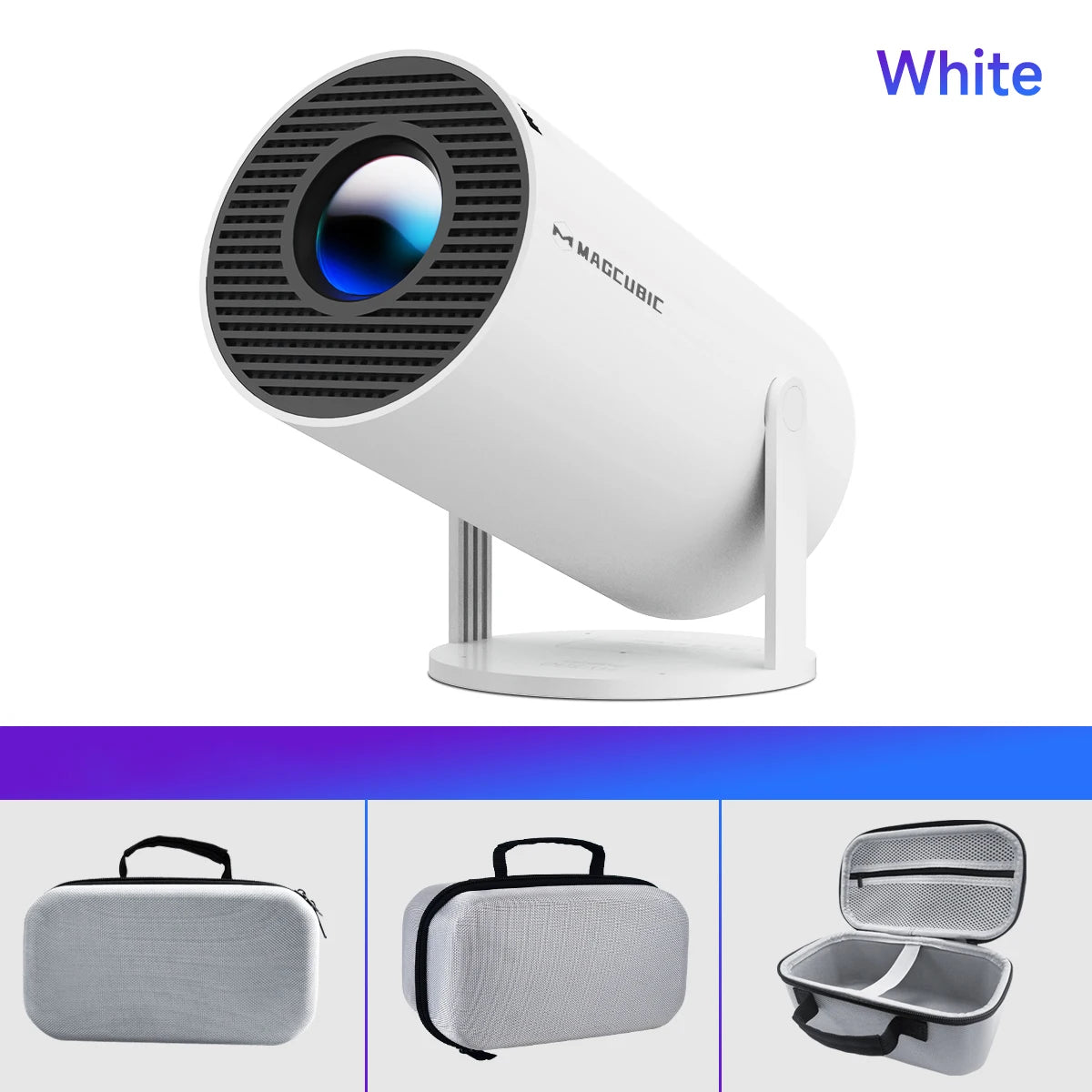 Proyector LED blanco moderno con estuche rígido gris y compartimentos, ideal para hogar.