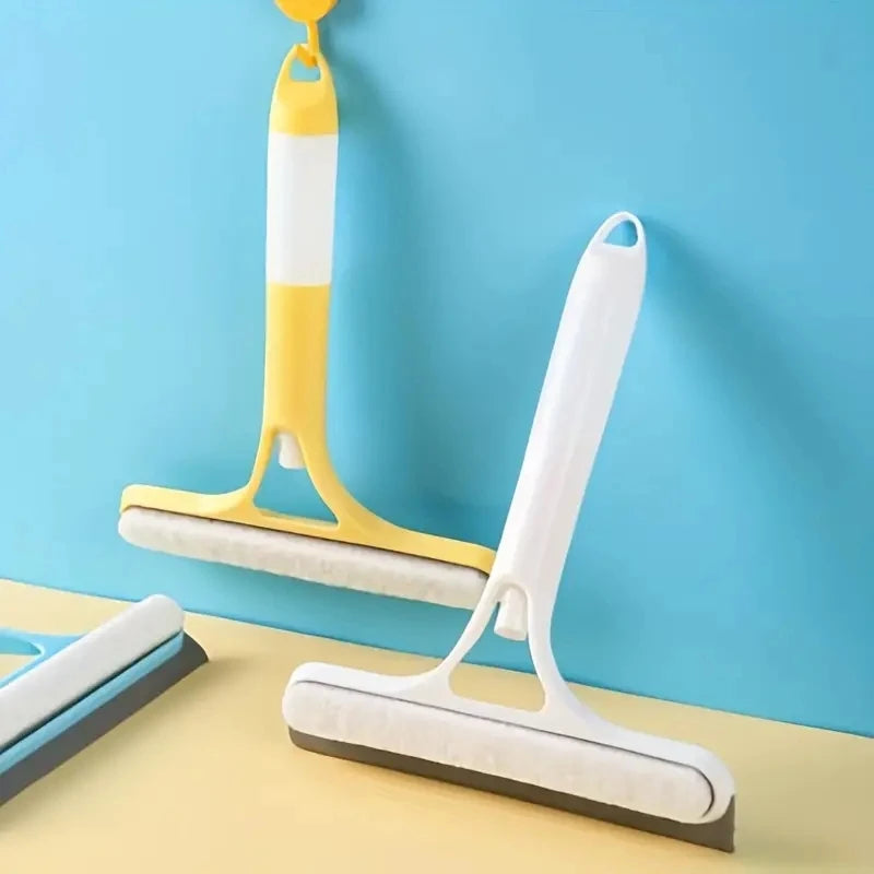 Limpiavidrios modernos con mango amarillo y blanco sobre fondo azul, accesorios de limpieza para hogar