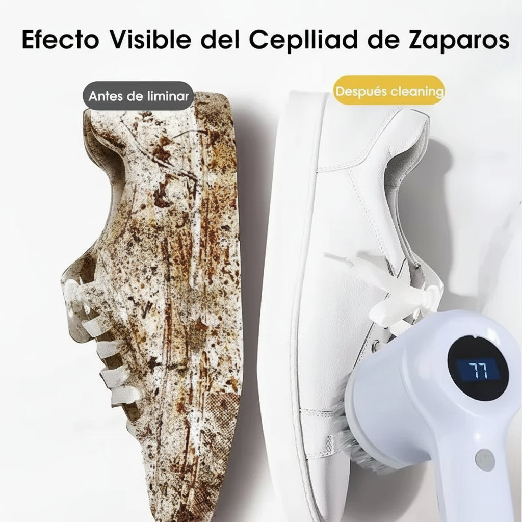 Comparación de zapato blanco antes y después de limpiar con cepillo eléctrico para calzado.