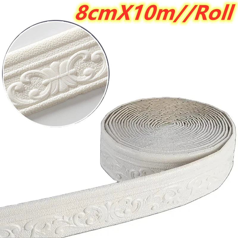Rollo de cinta decorativa autoadhesiva blanca con relieve para paredes, 8cm x 10m