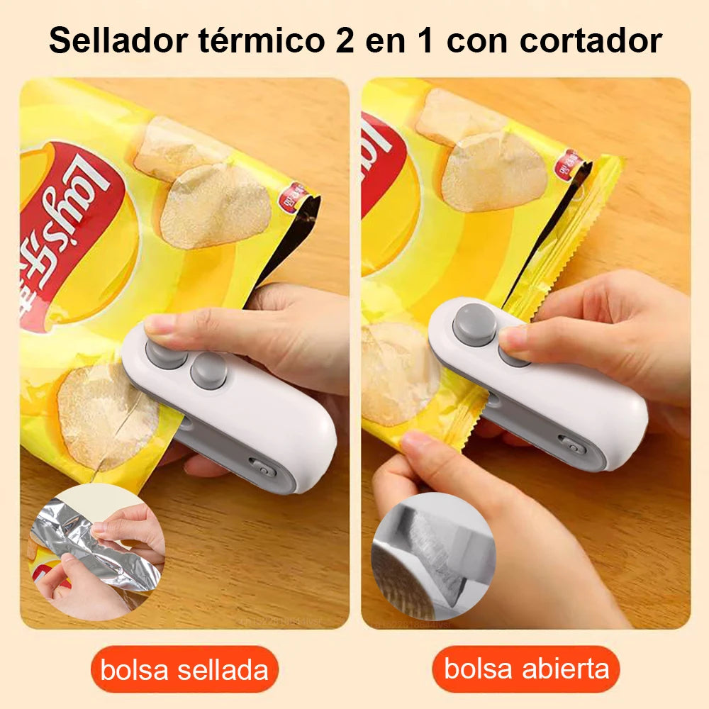 Sellador térmico 2 en 1 con cortador sellando y abriendo bolsa de papas, gadget para cocina.