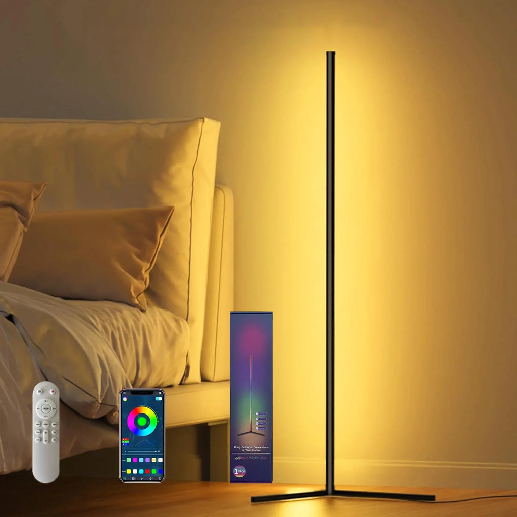 Lámpara de esquina LED inteligente en dormitorio moderno, luz ambiental, control remoto y móvil