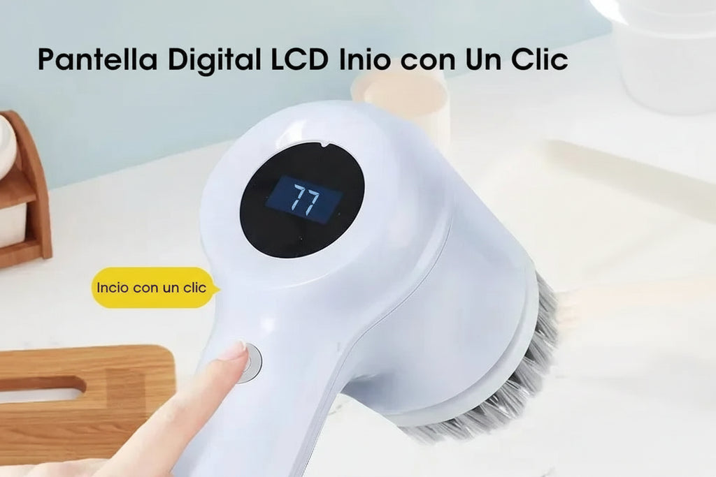 Cepillo eléctrico de limpieza para hogar con pantalla LCD digital y botón de inicio fácil.