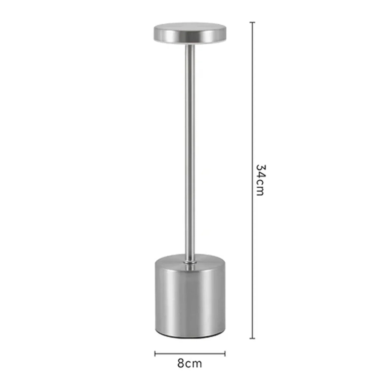 Lámpara LED de mesa metálica moderna, color plateado, 34 cm de alto por 8 cm de ancho.