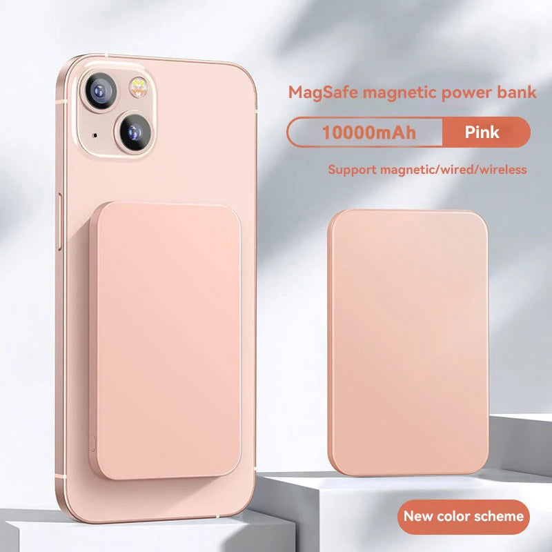 Power bank magnético color rosa 10000mAh MagSafe para iPhone, carga inalámbrica y portátil.