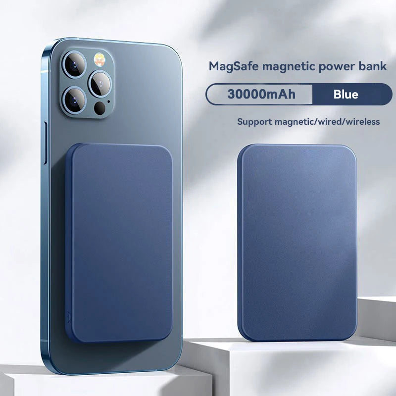 Power bank magnético MagSafe azul de 30000mAh para smartphone, compatible con carga inalámbrica.