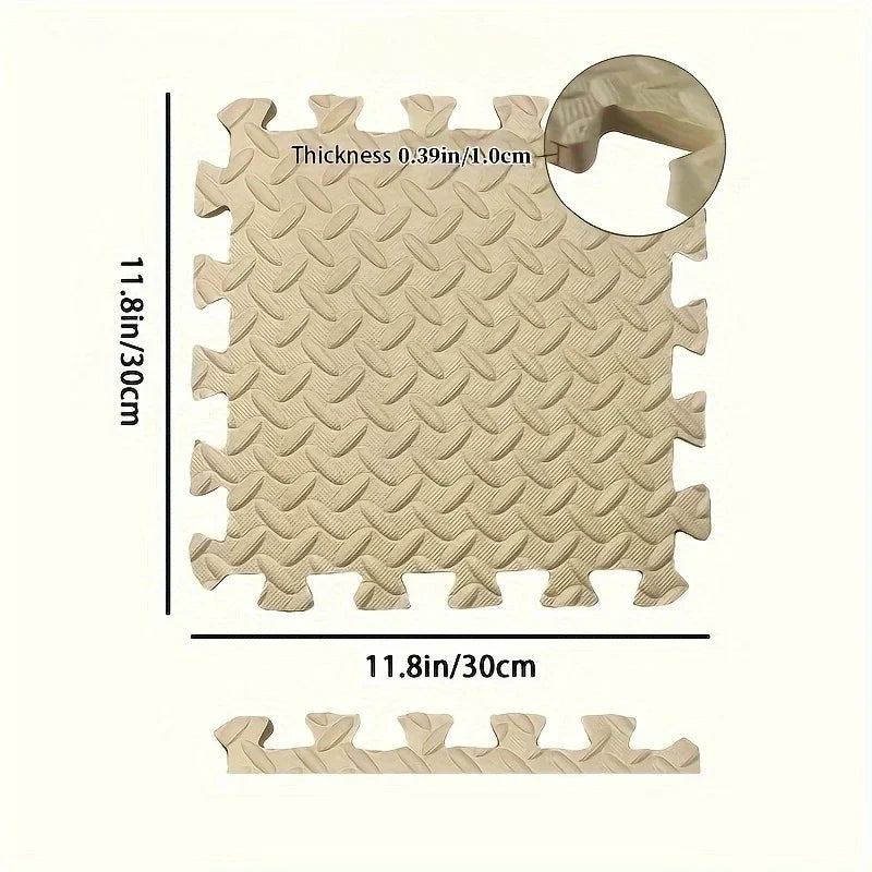 Alfombra rompecabezas de espuma EVA beige 30x30 cm para hogar moderno, patrón antideslizante.