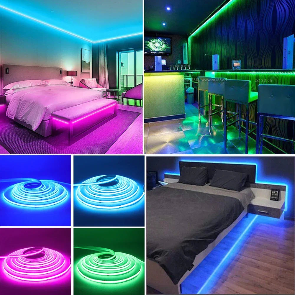 Tiras LED de colores en dormitorios y barras modernas, iluminación decorativa para hogar.