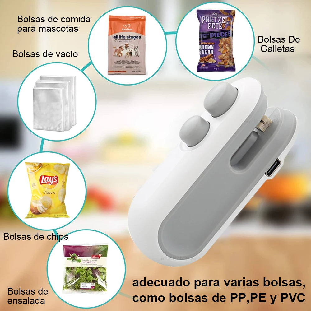 Sellador portátil de bolsas de plástico para alimentos, adecuado para chips, galletas y ensaladas.