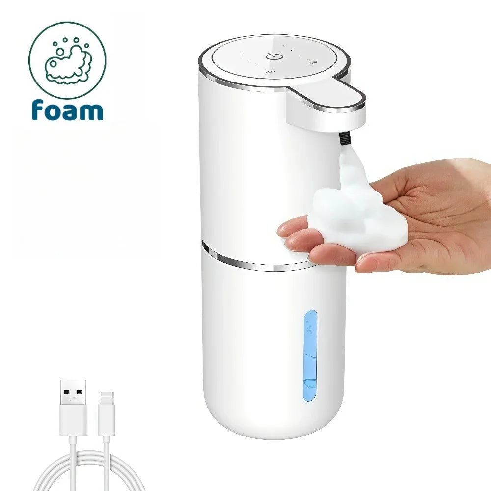 Dispensador automático de jabón espumoso LED blanco con puerto USB y sensor de manos.