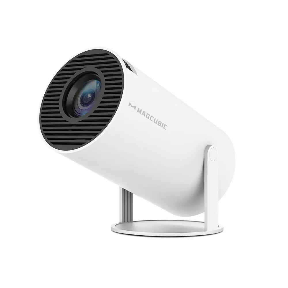 Proyector LED blanco portátil, diseño moderno, ideal para cine en casa y tecnología doméstica.