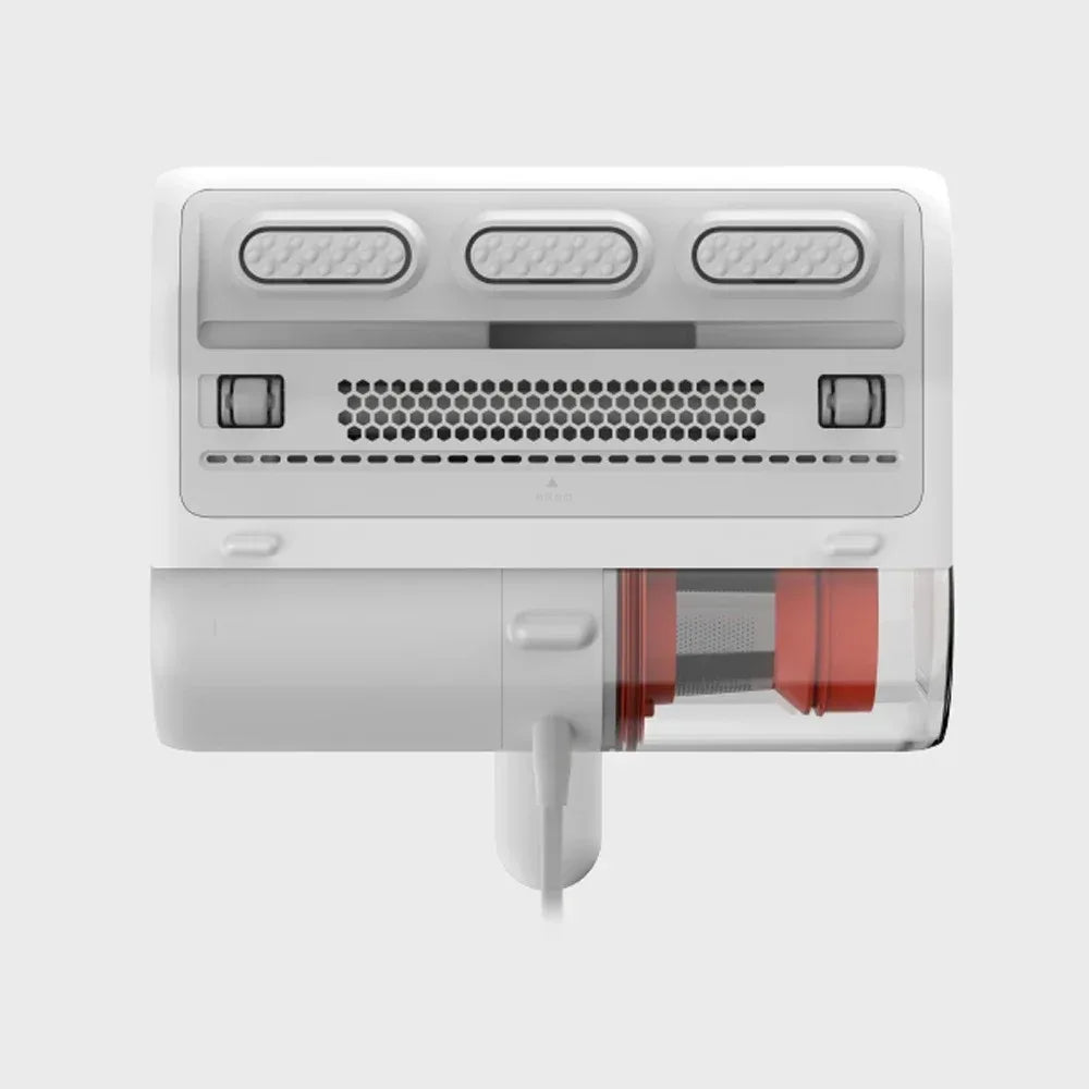 Aspiradora portátil blanca y gris con depósito transparente, ideal para limpieza del hogar moderno.