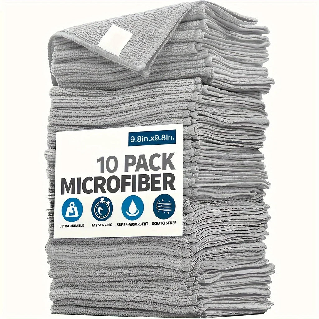 Paquete de 10 paños de microfibra grises para limpieza, absorbentes y duraderos.