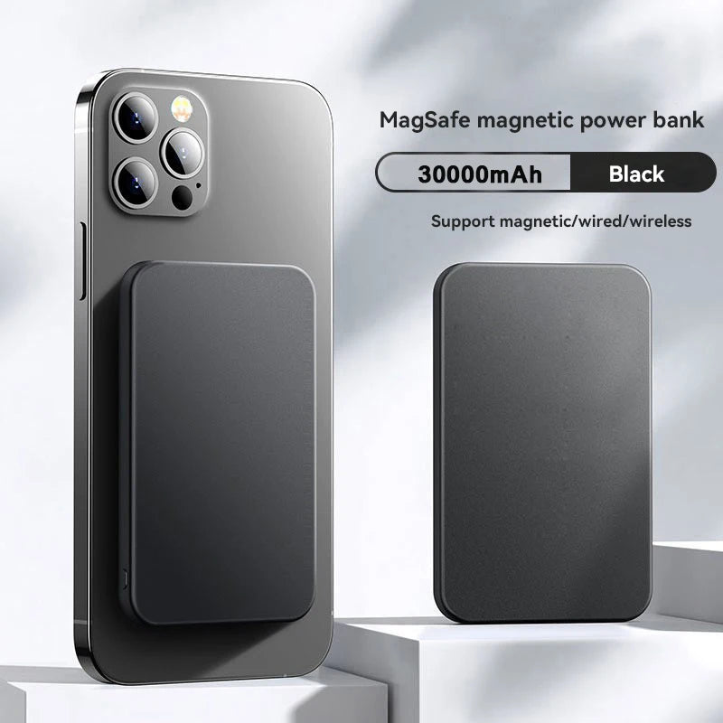 Batería portátil magnética MagSafe negra de 30000mAh para smartphone, carga inalámbrica.