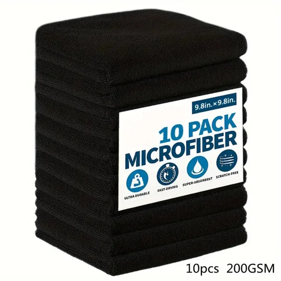 Paquete de 10 paños de microfibra negros, 9.8x9.8 pulgadas, superabsorbentes para limpieza