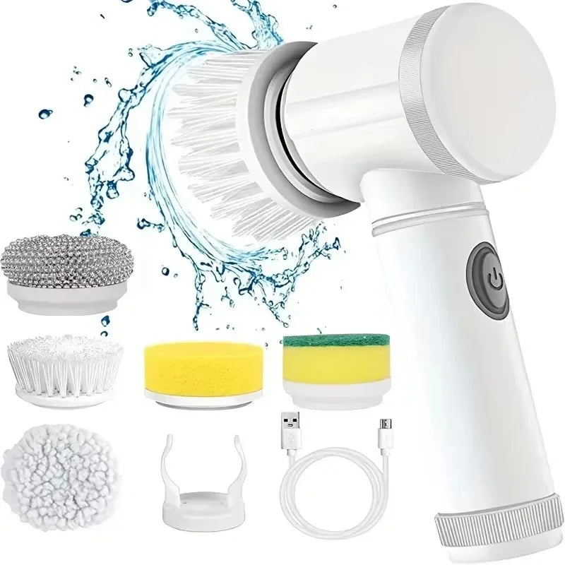 Cepillo eléctrico de limpieza para hogar con accesorios intercambiables, resistente al agua, ideal para baño y cocina.