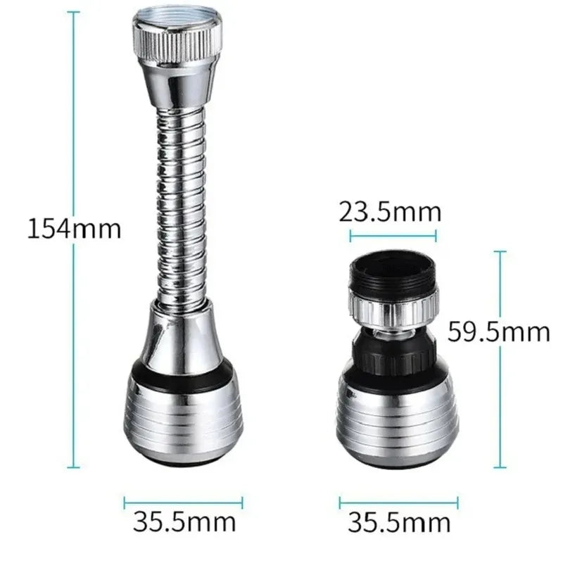 Adaptador de grifo extensible plateado para cocina, dimensiones en milímetros, diseño flexible.