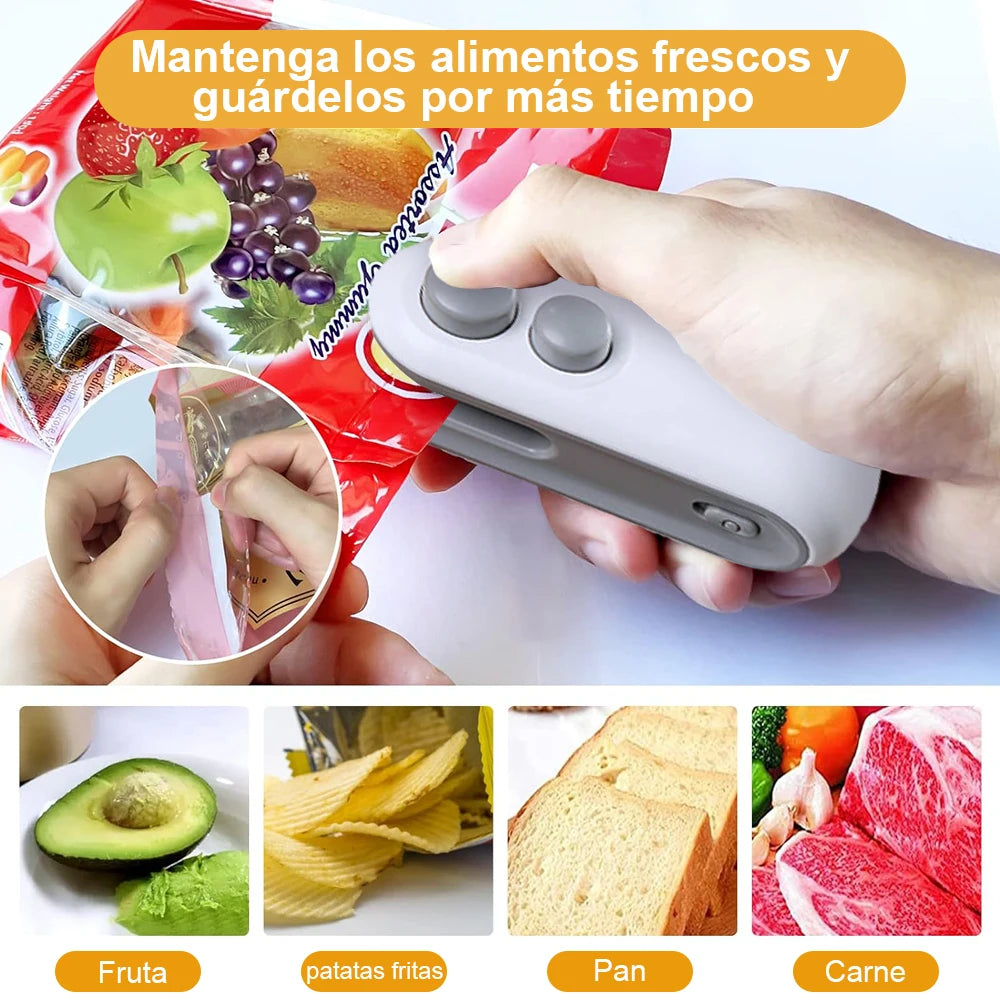 Sellador de bolsas portátil cerrando empaque de alimentos, ideal para conservar frutas, pan, carne y papas fritas.