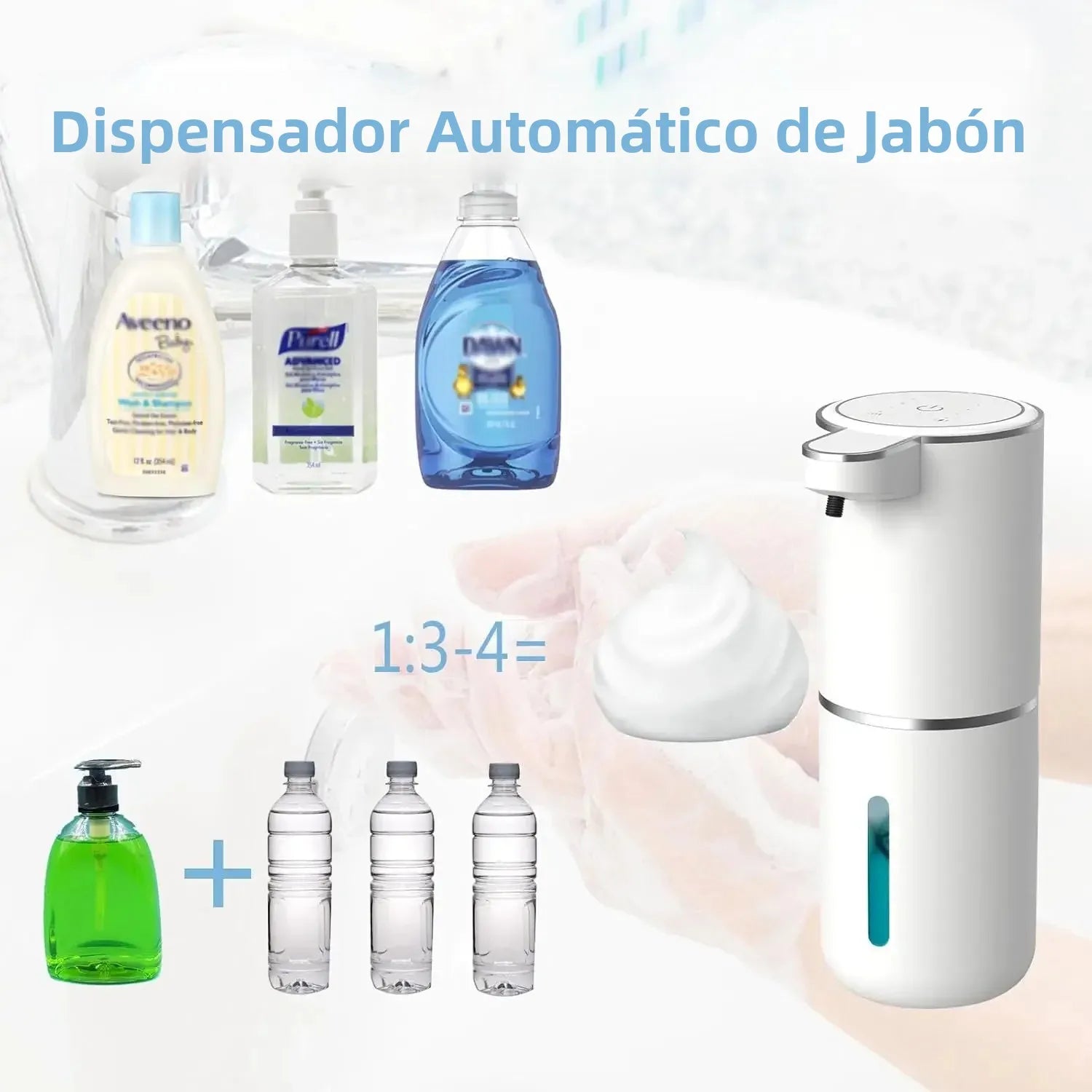 Dispensador automático de jabón blanco, acompañado de botellas de jabón líquido y agua, ideal para hogares modernos.