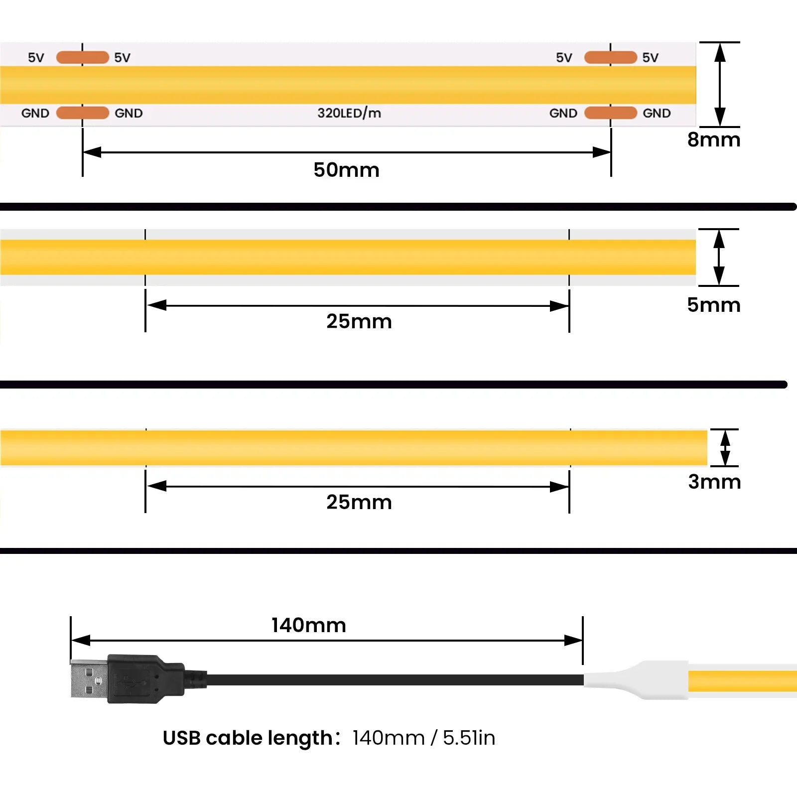 Tira LED flexible de 320 LED/m, medidas de ancho y largo, cable USB de 140mm, iluminación para hogar moderno.