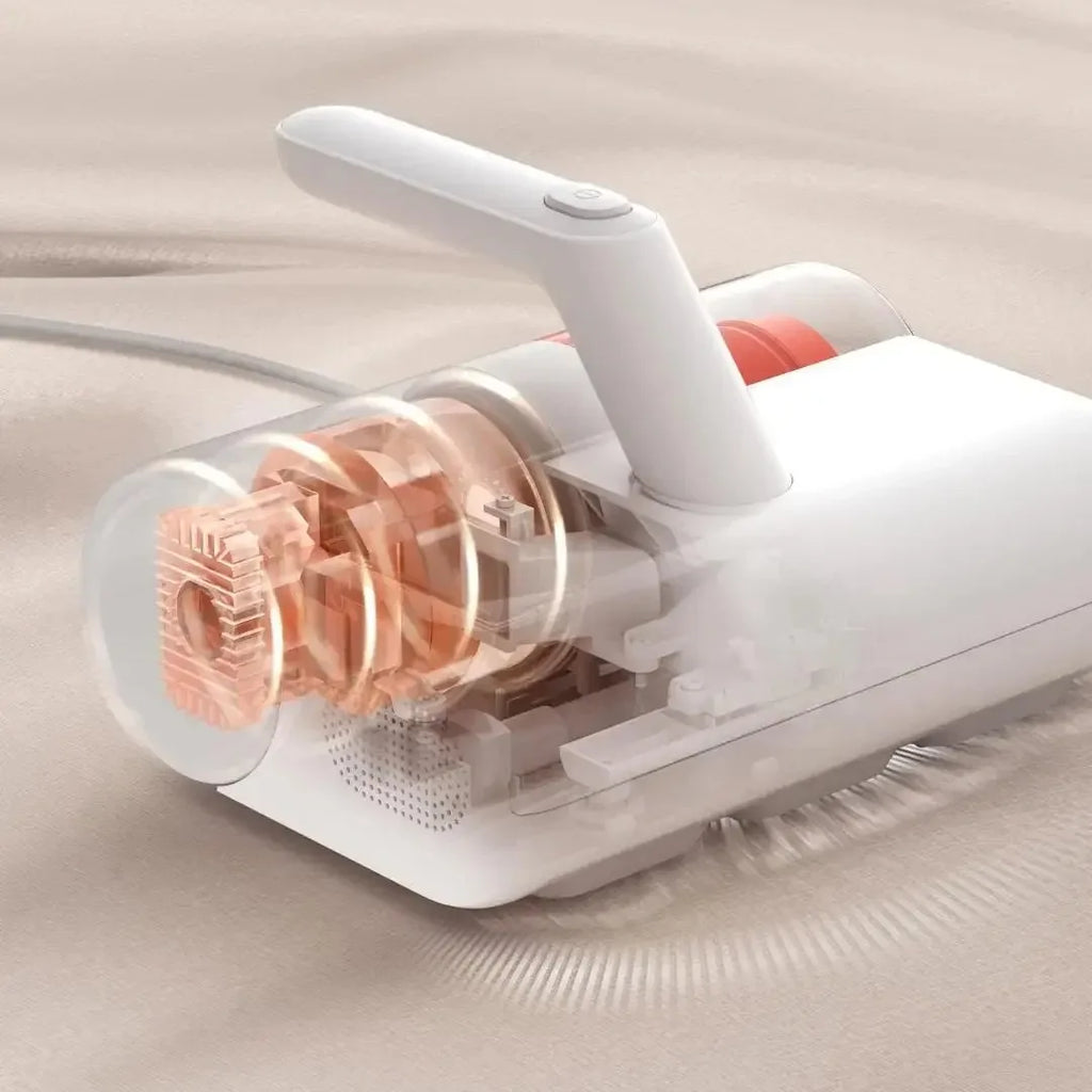 Aspiradora de mano blanca con tecnología avanzada, ideal para limpieza del hogar moderno.
