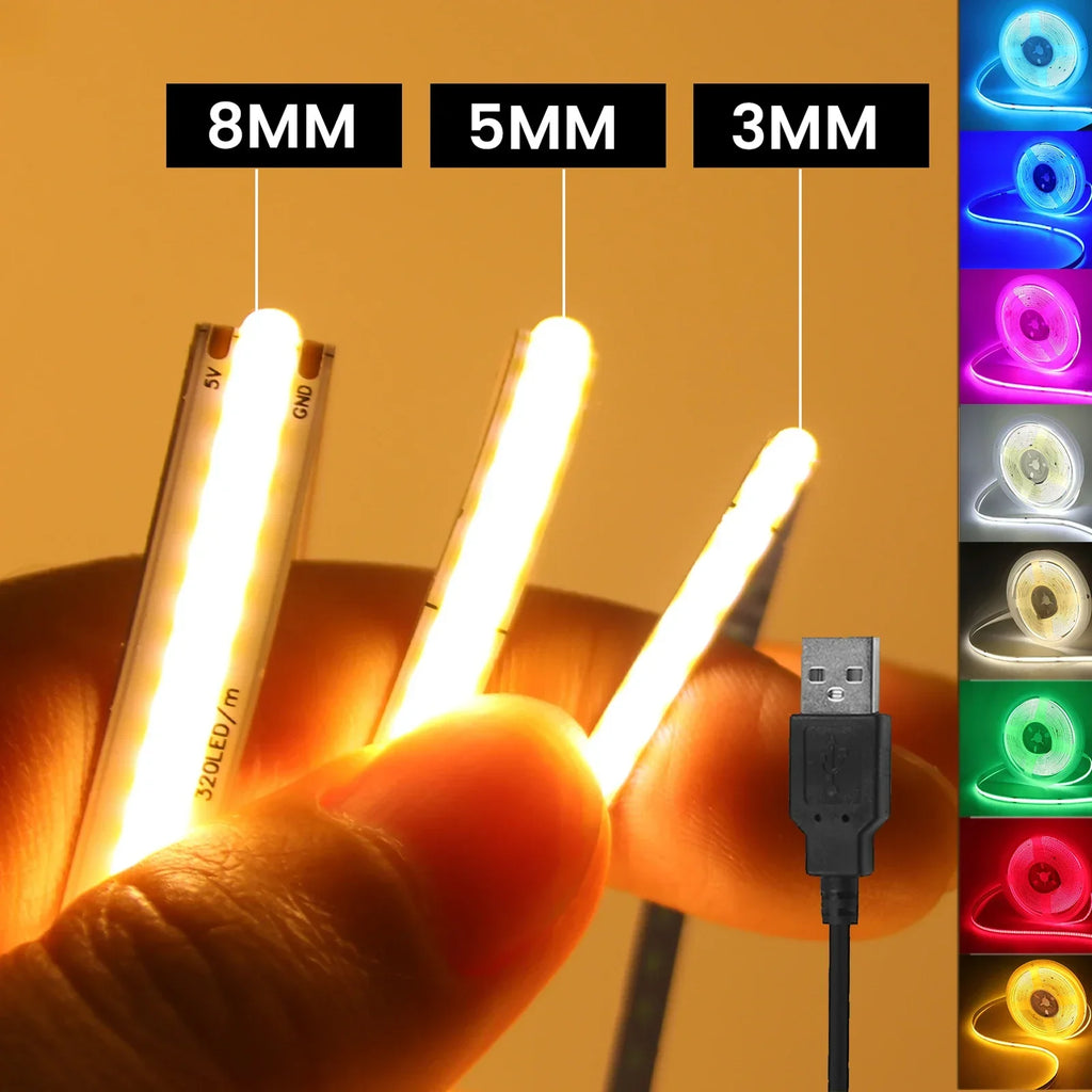 Tiras LED USB de 3mm, 5mm y 8mm para iluminación decorativa en varios colores.