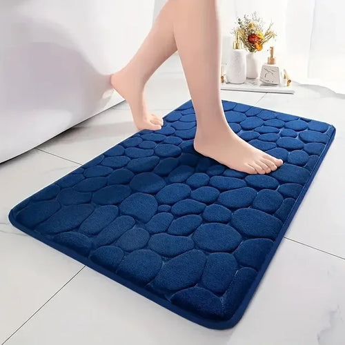Alfombra de baño antideslizante azul con diseño de piedras en suelo de cerámica, moderna y suave