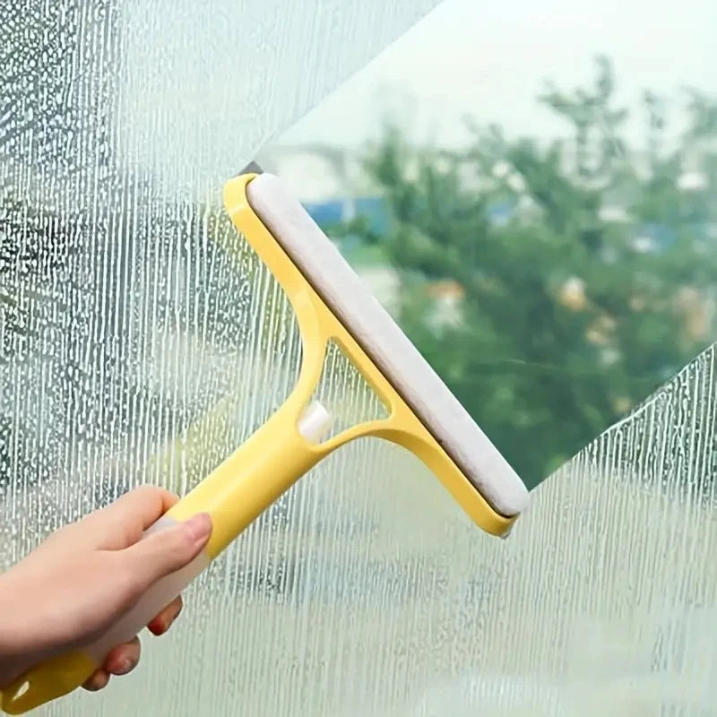 Limpiador de ventanas con mango amarillo limpiando cristal con espuma, utensilio para hogar moderno