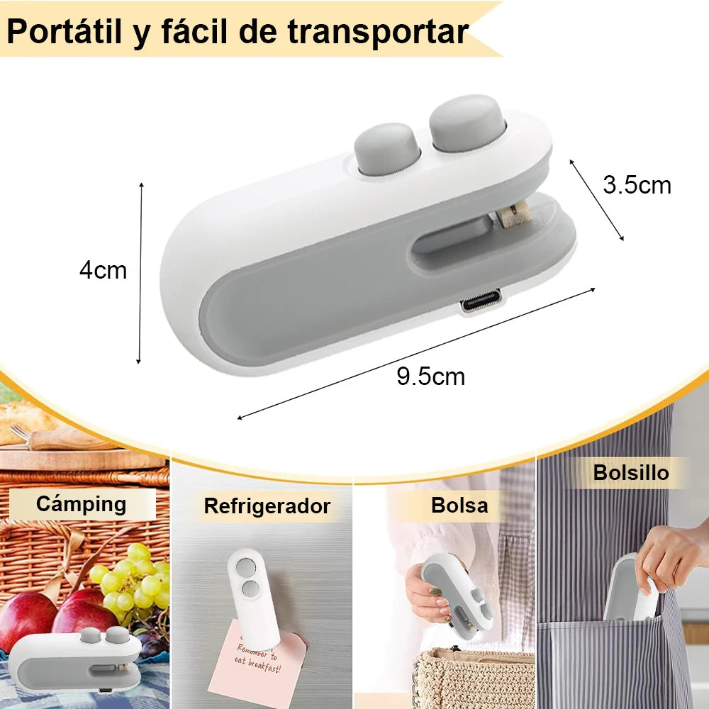 Sellador portátil y recargable compacto para bolsas, ideal para camping, bolso y hogar.