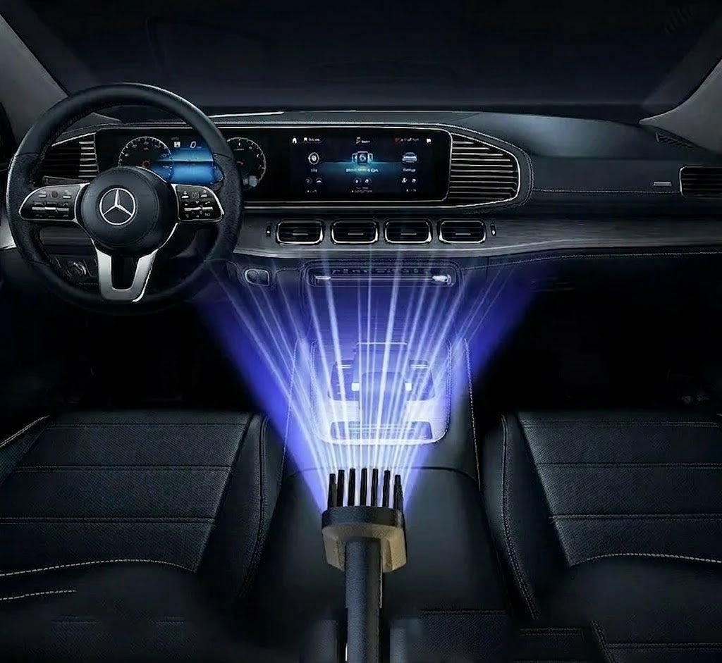 Aspirador portátil limpiando el interior de un auto moderno, mostrando tecnología de limpieza
