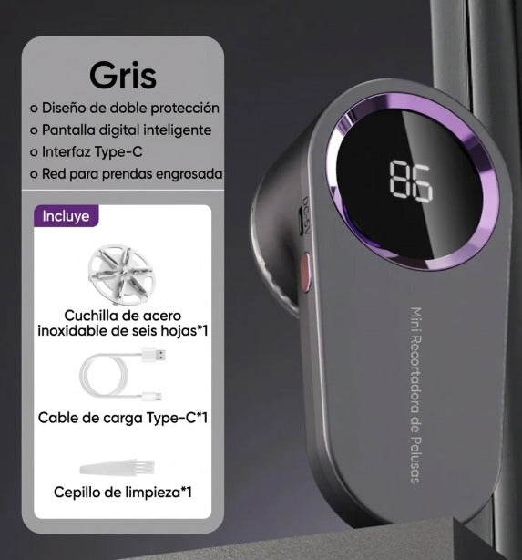 Mini recortadora de pelusas gris con pantalla digital LED, cuchilla de acero y cable USB tipo C.