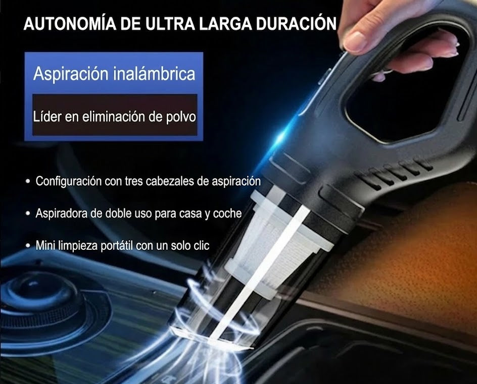 Aspiradora portátil inalámbrica negra limpiando superficie, ideal para coche y hogar, tecnología LED.