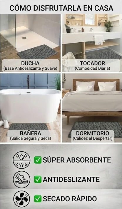 Alfombra gris antideslizante y súper absorbente para ducha, tocador, bañera y dormitorio.