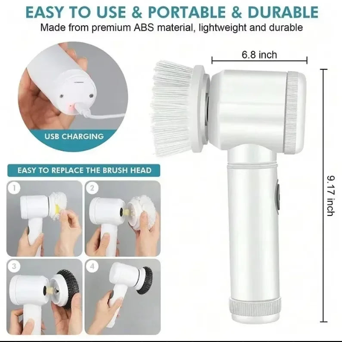 Cepillo de limpieza eléctrico portátil recargable por USB, cabezal intercambiable, accesorios hogar.